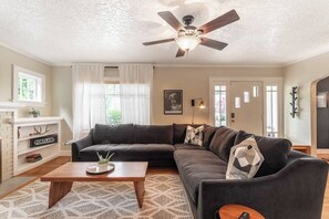 TV, fireplace, books