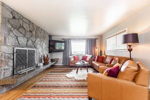 TV, fireplace, foosball, books