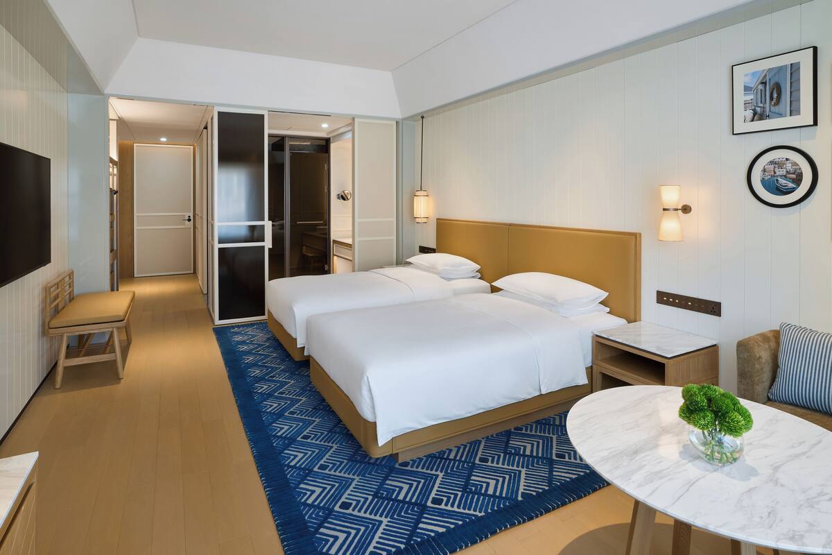 Habitación de hotel con dos camas, un escritorio, una silla, un televisor y una pequeña mesa con una planta.
