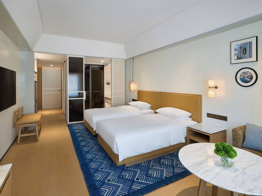 A hotel room with two beds, a desk, a chair, a TV, and a small table with a plant.