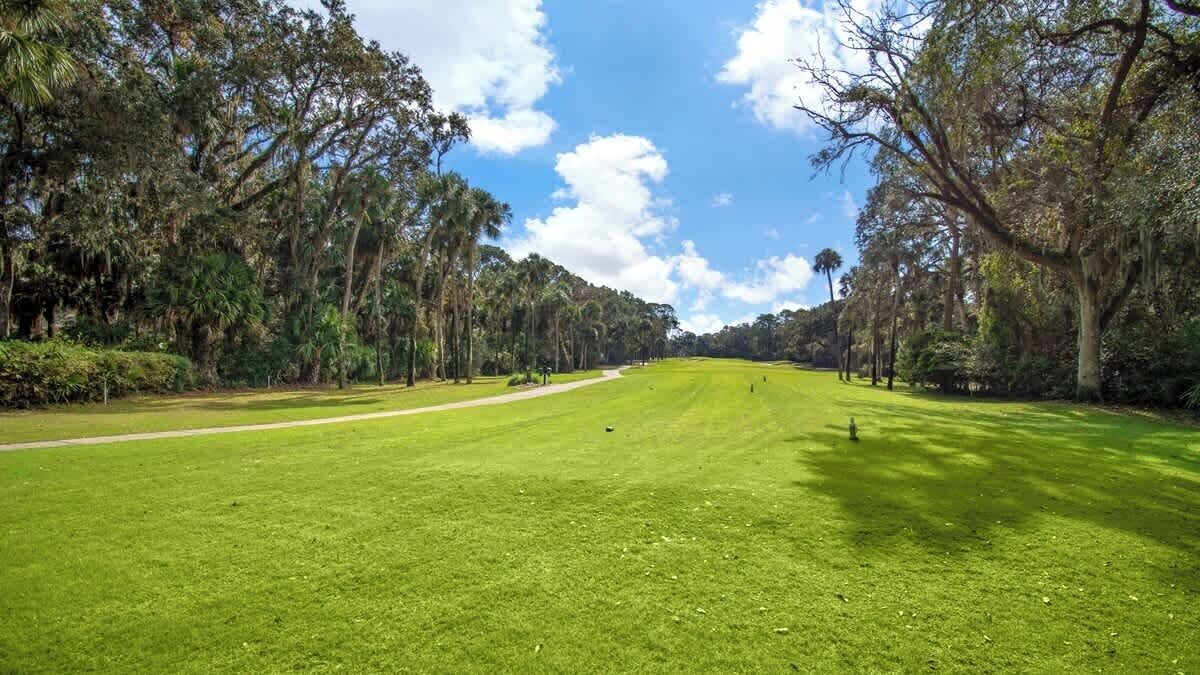 A golf course with a clear path, surrounded by trees and a blue sky.