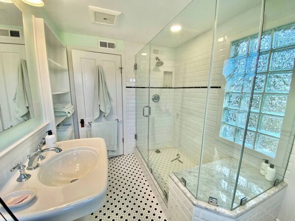 Shower, hair dryer, towels