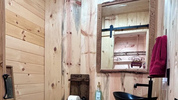 Une salle de bain rustique, aménagée dans une cabane en bois, avec des toilettes, un lavabo et un miroir.