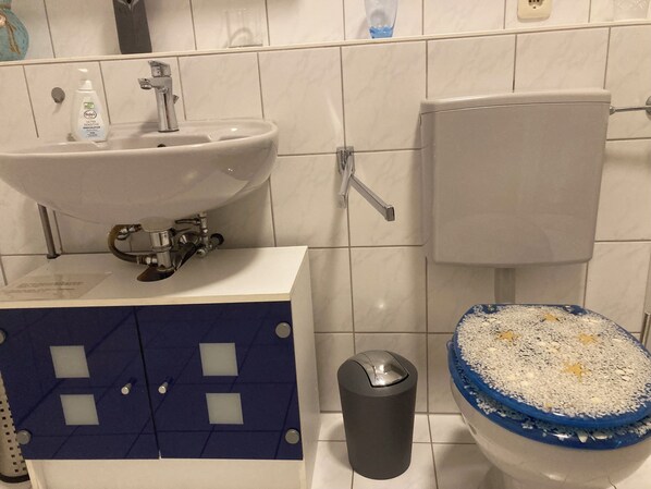 A bathroom with a sink, toilet, trash bin, and a cabinet with a blue door.