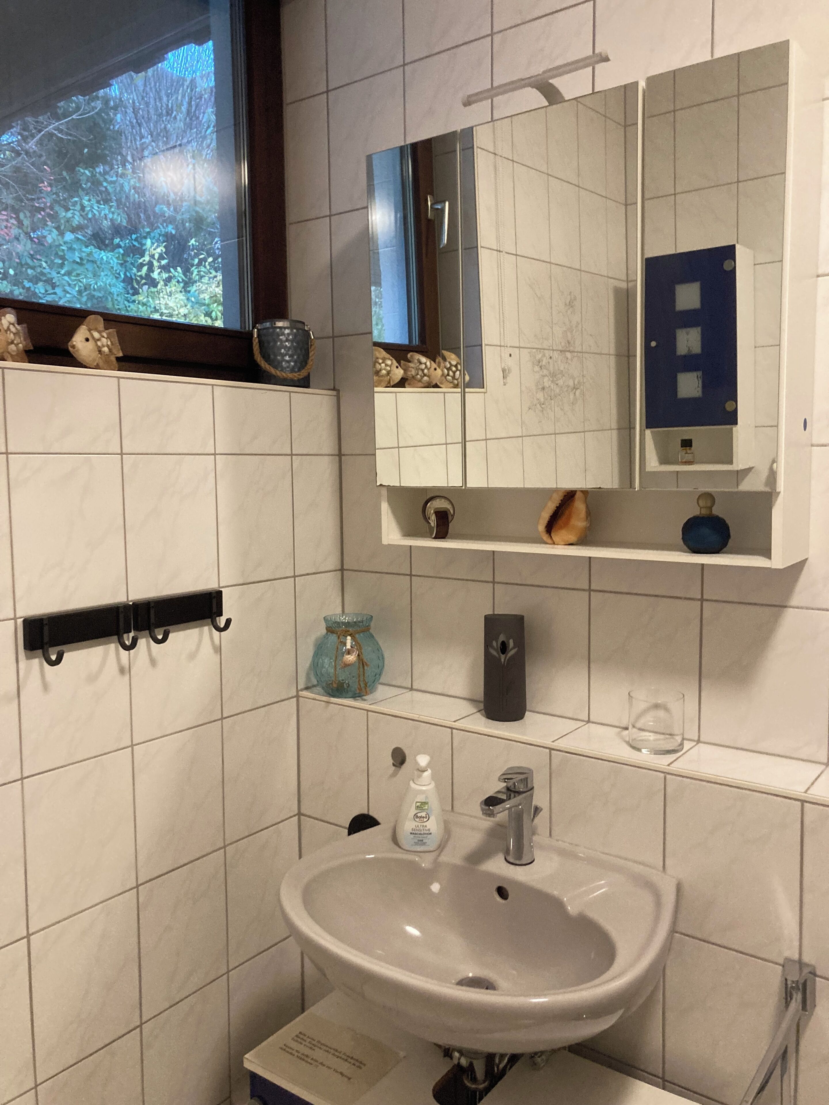 A bathroom with a white sink, a mirror, and a window with a view of trees.