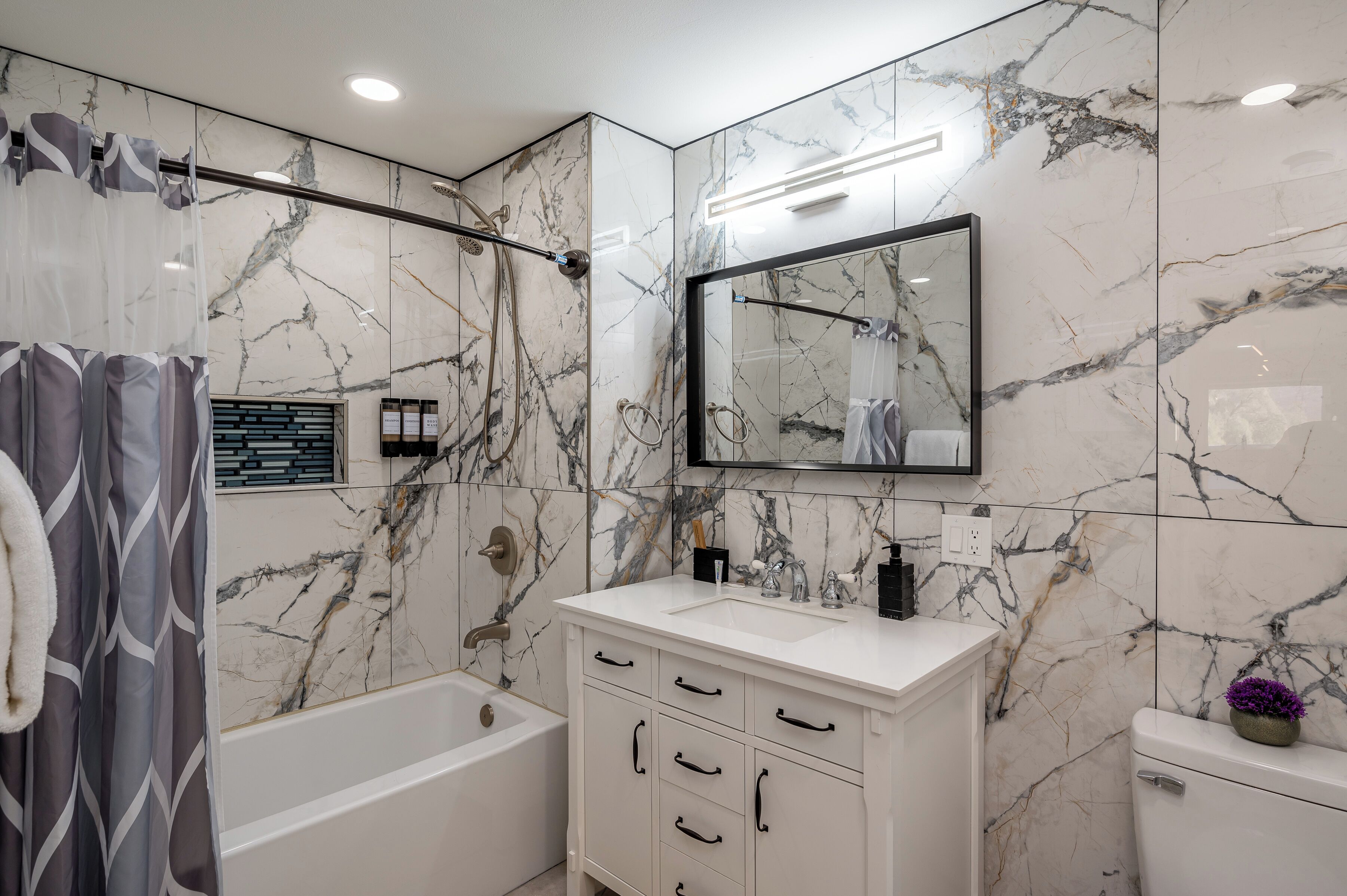Hair dryer, towels, soap, toilet paper