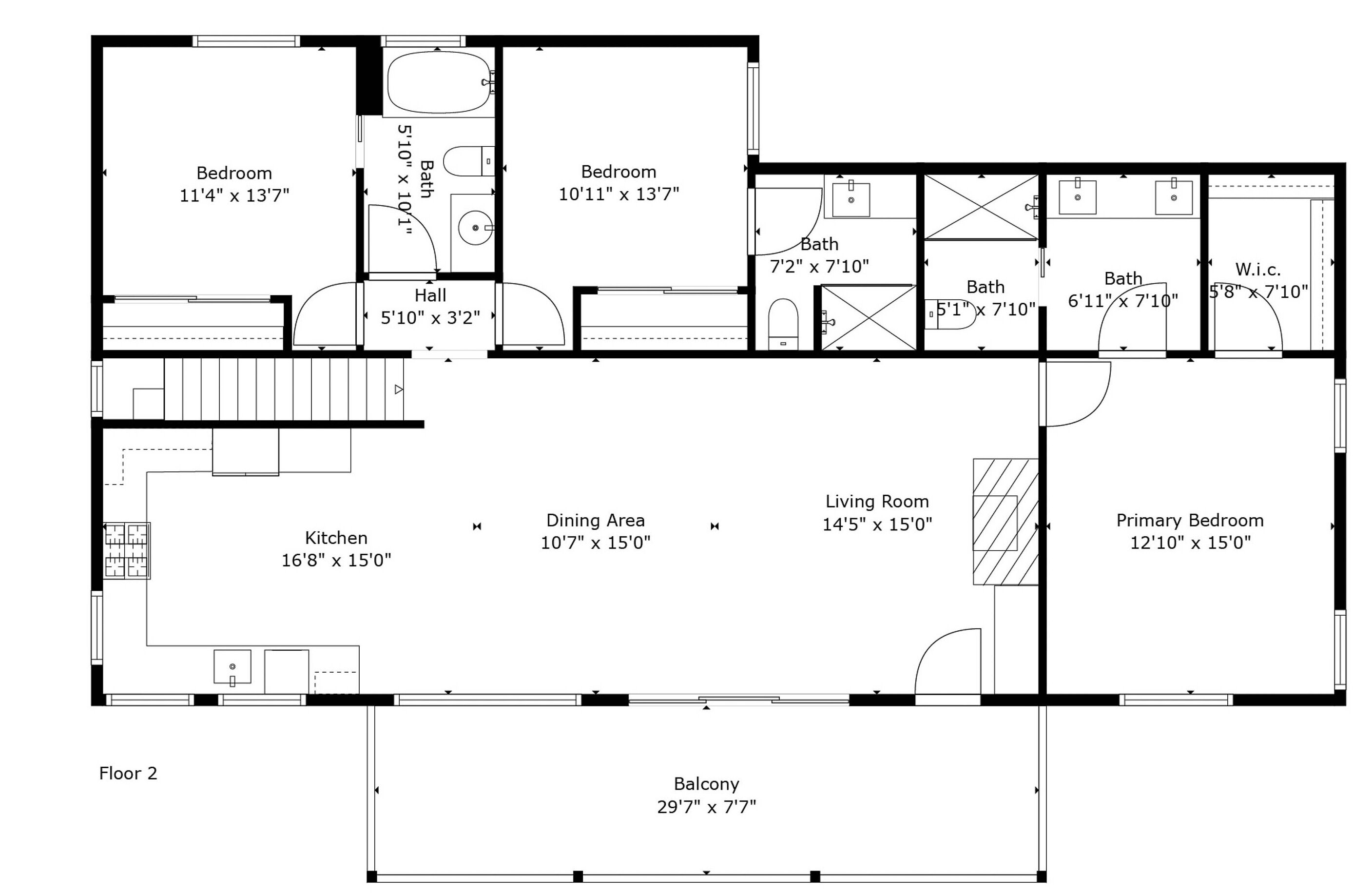 A floor plan of a house with two bedrooms, a living room, a kitchen, a dining area, a bathroom, and a balcony.