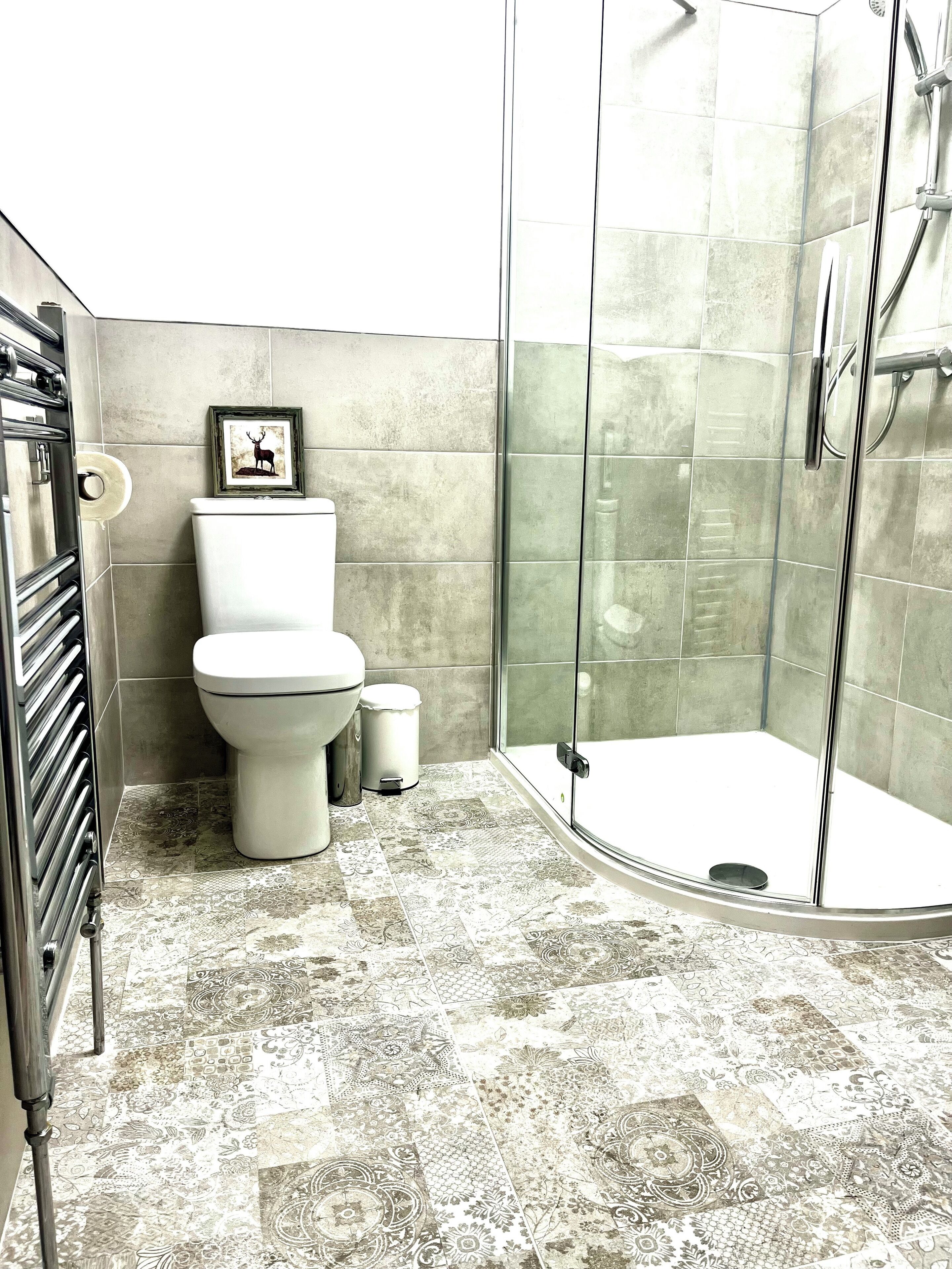 A bathroom with a toilet, a framed picture on the wall, a glass shower enclosure, and patterned floor tiles.