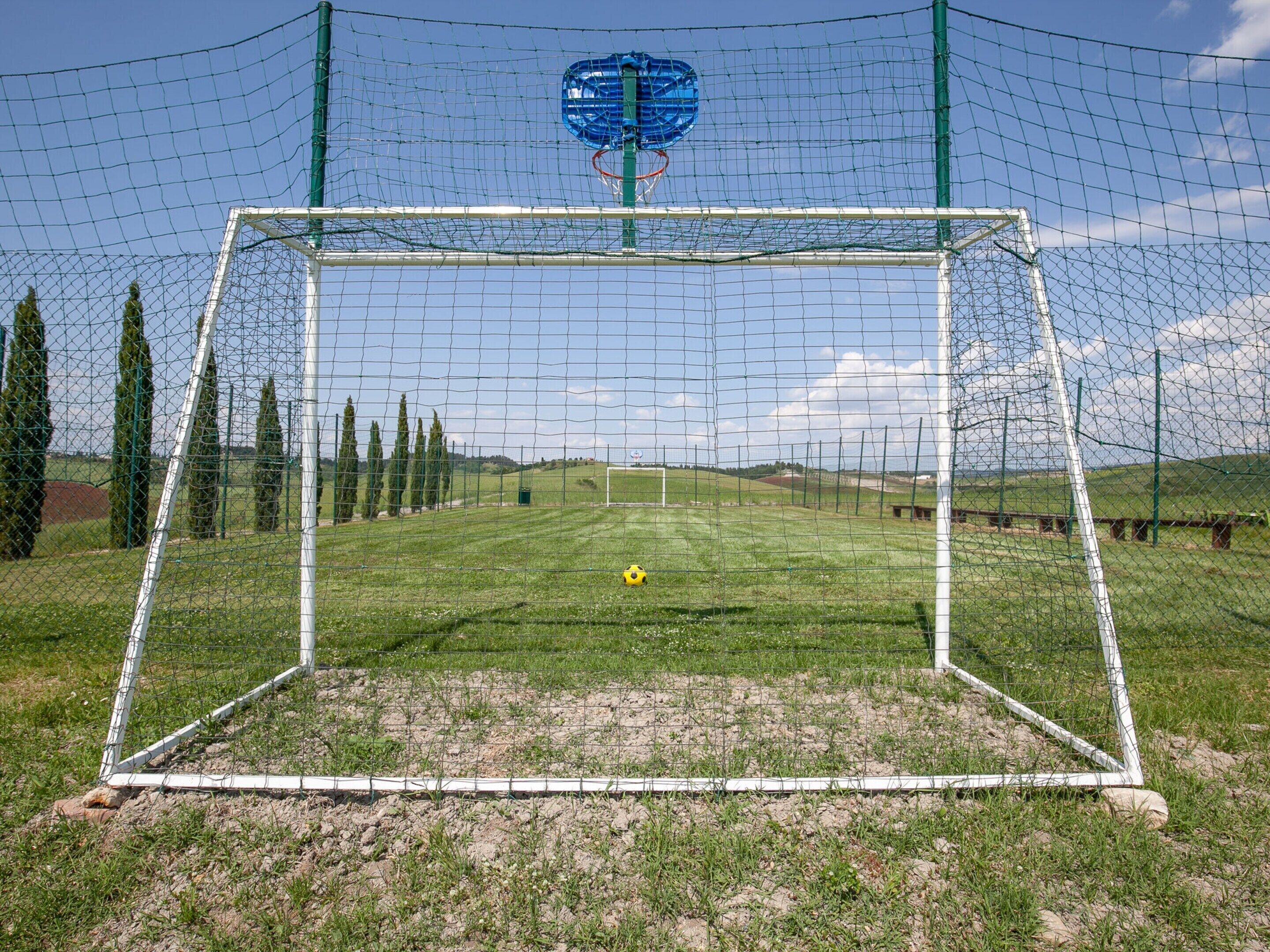Um gol de futebol com rede, cercado por um campo com grama rala e árvores ao fundo.