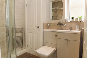 Shower, towels, soap, toilet paper
