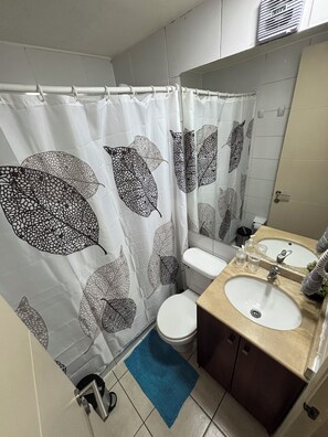 Hair dryer, towels, soap, toilet paper