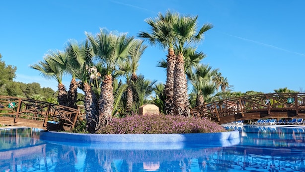 A pool area with palm trees and a wooden bridge. - Premium Tent Lodge for Family (Tarragona)