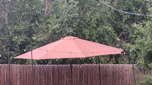 Een achtertuin met een houten omheining, een rode parasol, een tafel en meerdere zitplekken op boomstronken.