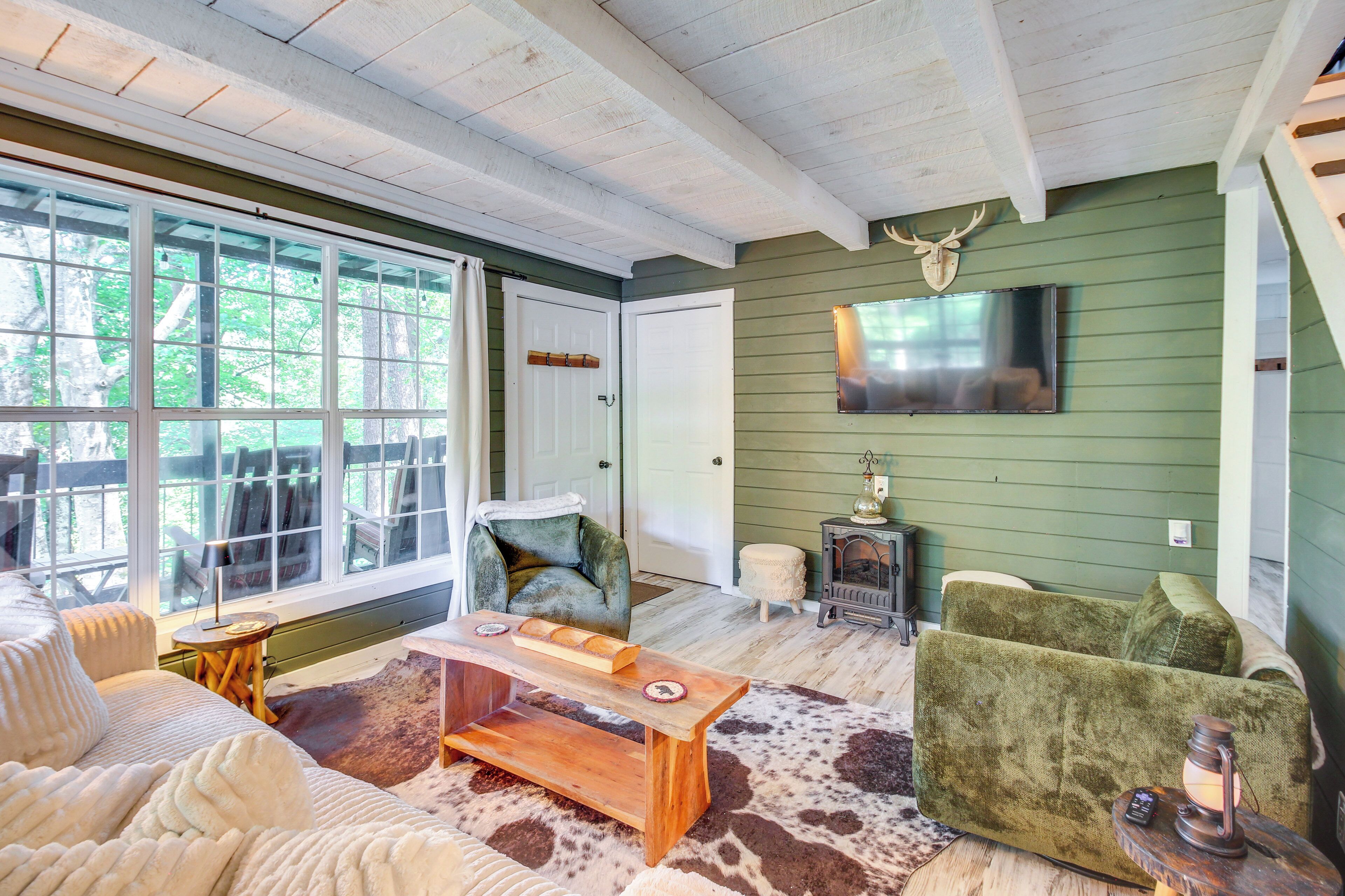 TV, fireplace, books