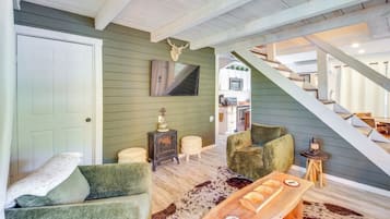 TV, fireplace, books