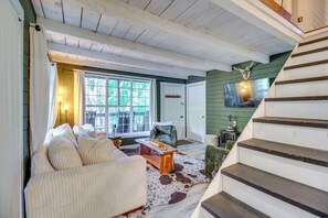 TV, fireplace, books
