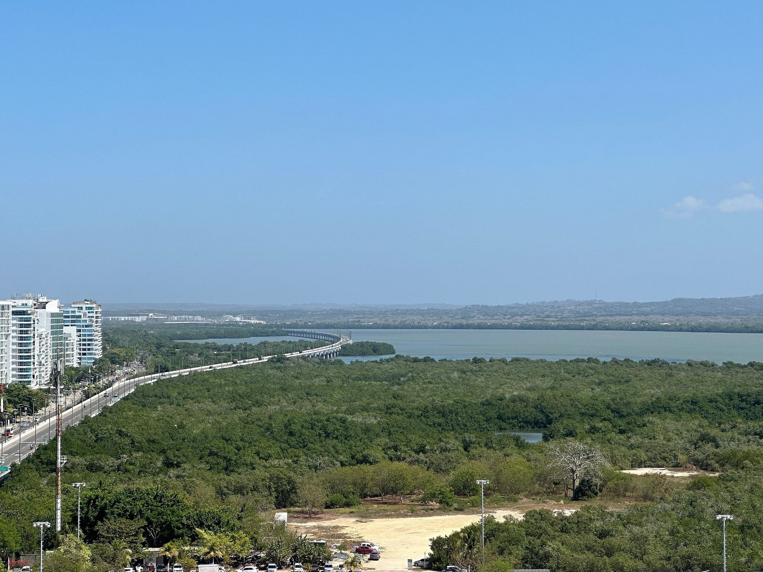 A coastal cityscape with a prominent bridge, dense greenery, and high-rise buildings.