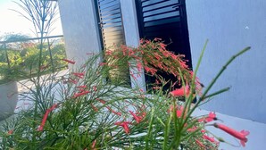 Un edificio moderno con dos persianas negras y un letrero que indica un baño público.