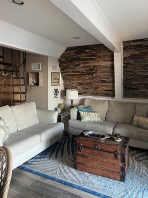 Smart-TV, peis, bøker og stereoanlegg