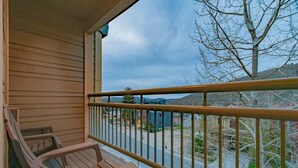 A wooden deck with a metal railing, a single wooden chair, and a view of a residential area with houses and a tree.