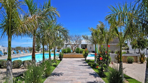 A pathway leading to a pool area with palm trees and a clear blue sky. - Family Homes with Pool and Playground (La Paz)