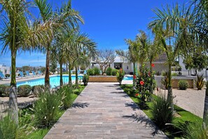 Un camino conduce a un área de piscina con palmeras y un cielo azul despejado.