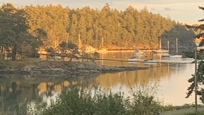 A calm lake with boats, a dock, and a forested hill in the background. - Silva Bay View, a boutique, private BnB with a great view (Gabriola)