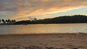 Une plage avec un bateau sur l’eau et une zone boisée en arrière-plan.