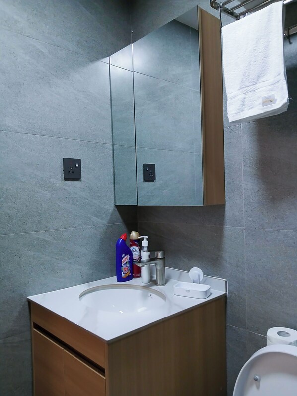 Regadera, secadora de cabello, toallas, jabón