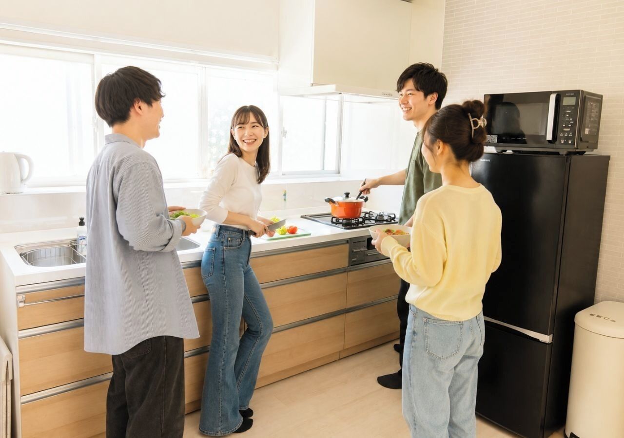 Fridge, microwave, stovetop, cookware/dishes/utensils