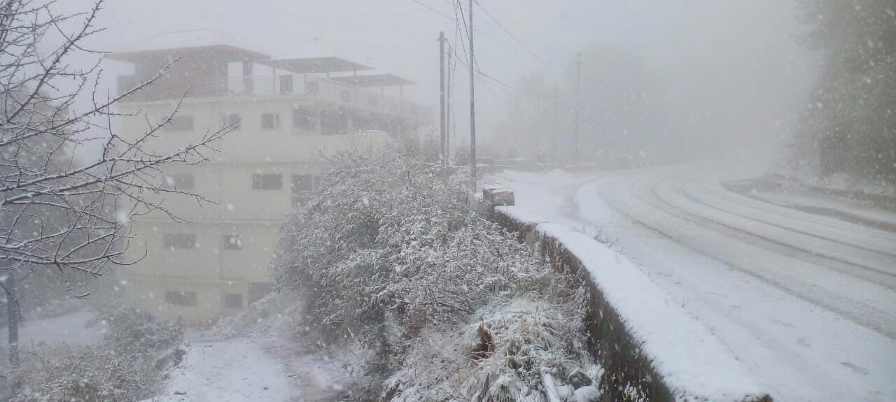 A snowy residential street with houses and a curved road.
