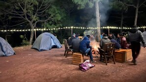 Un grupo de personas reunidas alrededor de una fogata en un área boscosa, con tiendas de campaña y luces colgantes.