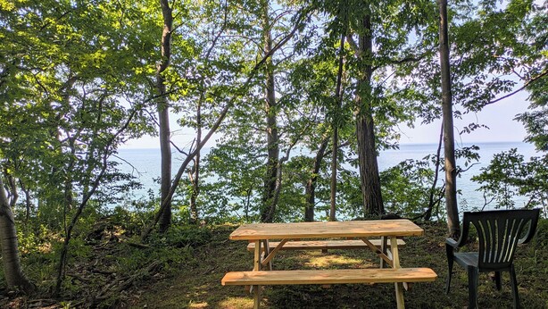 Et picnicbord og en stol i et skovområde med udsigt til vandet.