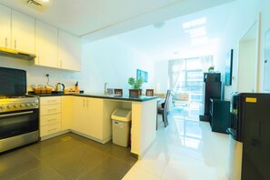 Fridge, microwave, coffee/tea maker