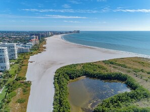 Un paisaje urbano costero con una playa arenosa extensa, vegetación densa y rascacielos a lo largo de la costa.