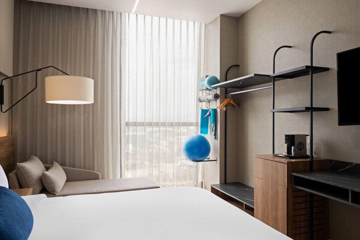 A modern hotel room with a large bed, a desk, a chair, a hanging blue exercise ball, and a mounted TV.