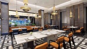 A modern restaurant with a long communal table, individual dining tables, and booths. - Days Hotel By Wyndham Aba Jiuzhaigou (Ngawa Autonomous Prefecture)