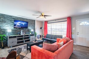 Smart TV, fireplace, video games, ping pong