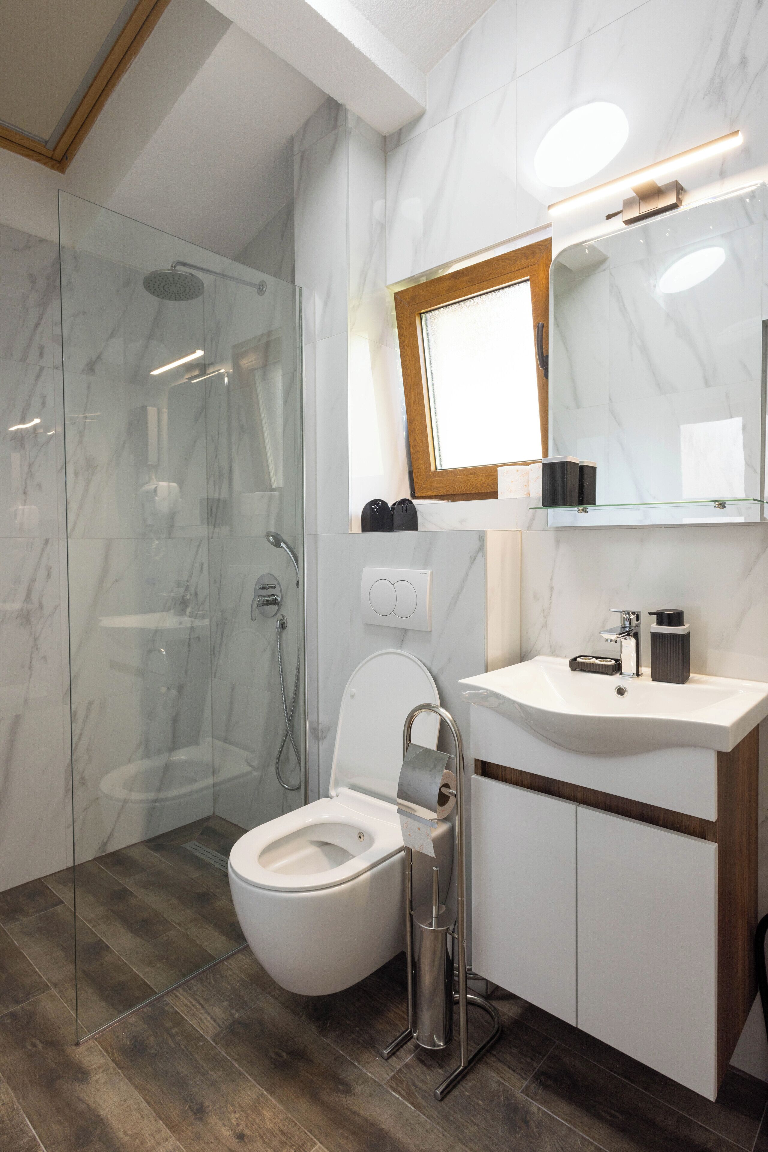 Hair dryer, bidet, towels, soap