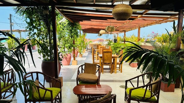 Un espacio de patio al aire libre con mobiliario de madera, plantas en macetas y un colgador de luz.