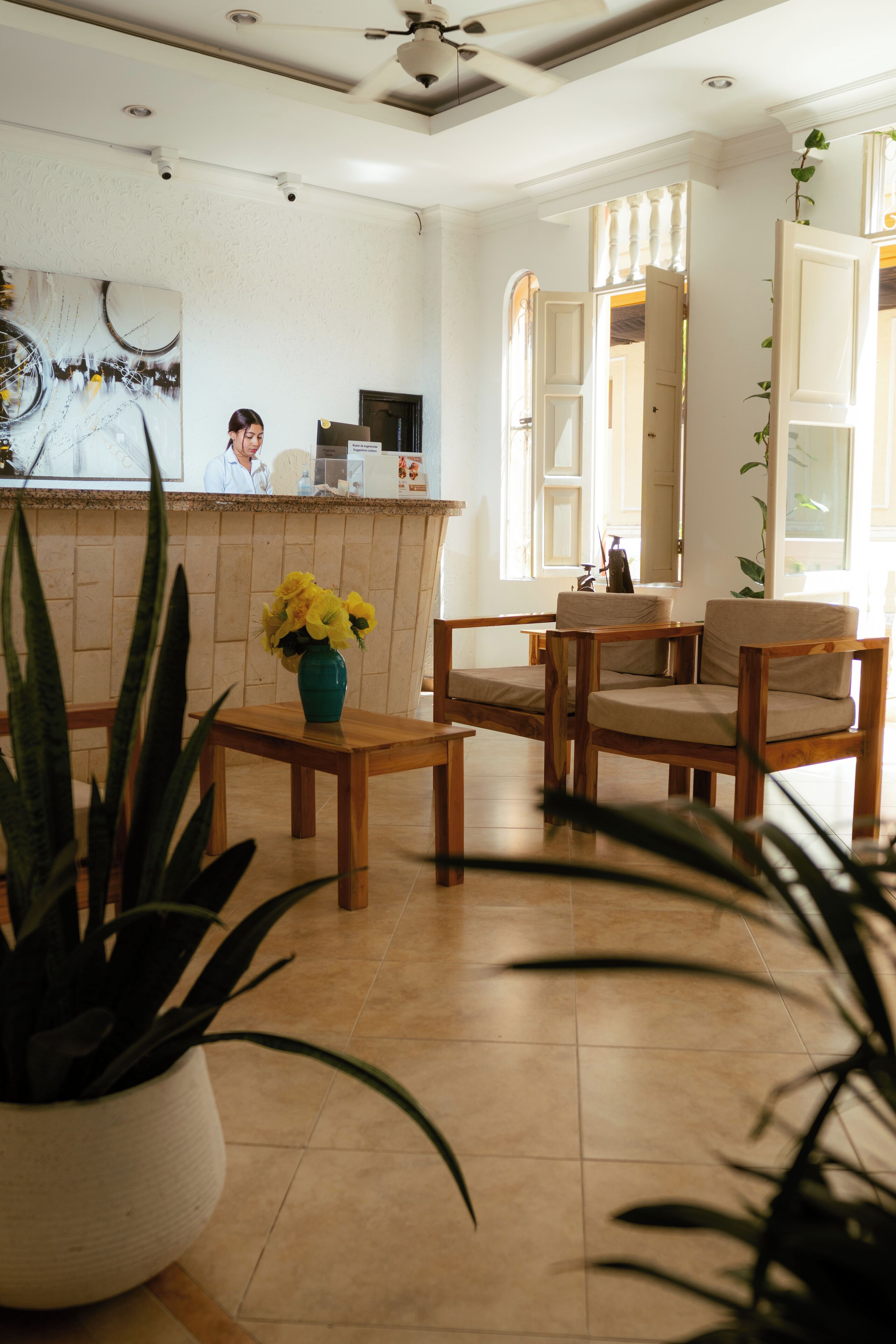 A reception area with a counter, wooden chairs, a vase of yellow flowers, and a potted plant.