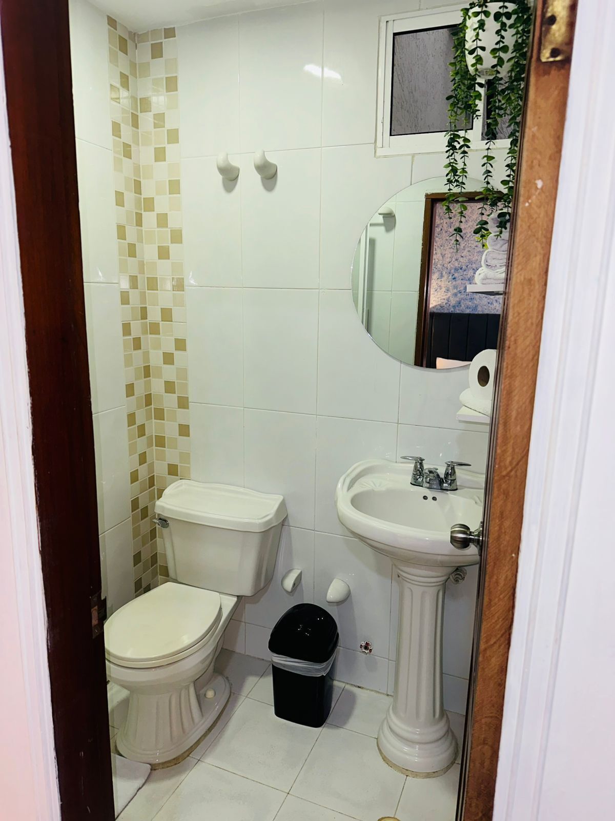 A small bathroom with a toilet, sink, and mirror.