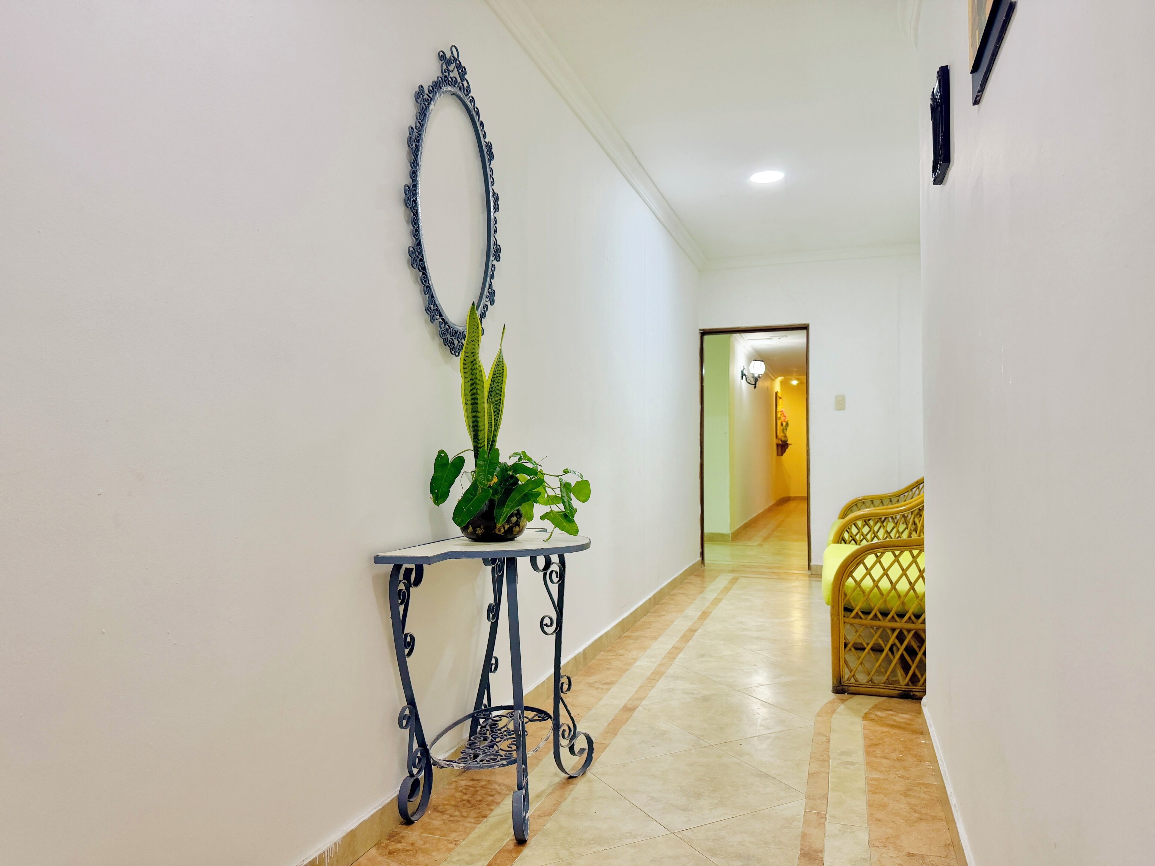 A hallway with a potted plant on a metal stand, a decorative mirror, and a wicker sofa in the background.