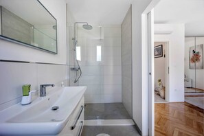 Shower, hair dryer, towels