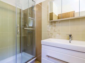 Bathroom features a glass-enclosed shower, wall-mounted faucet, and a vanity with a single drawer and mirror.