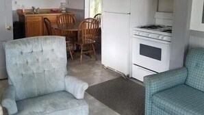 Un espai vital compacte amb petita cuina, zona de dinar i zona de seients amb sofà i butaca.
