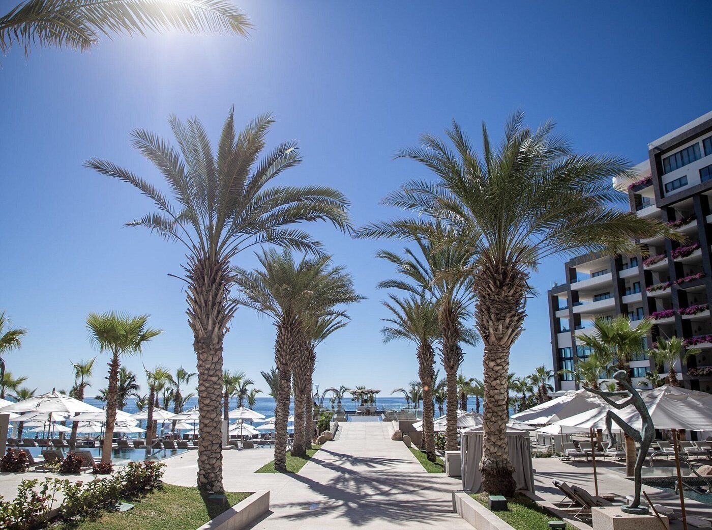 Ein Resort mit Palmen, einem Pool und Blick auf den Ozean.