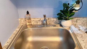 A kitchen with a stainless steel sink, a granite countertop, wooden cabinets, and a potted plant.