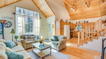 TV, fireplace, books