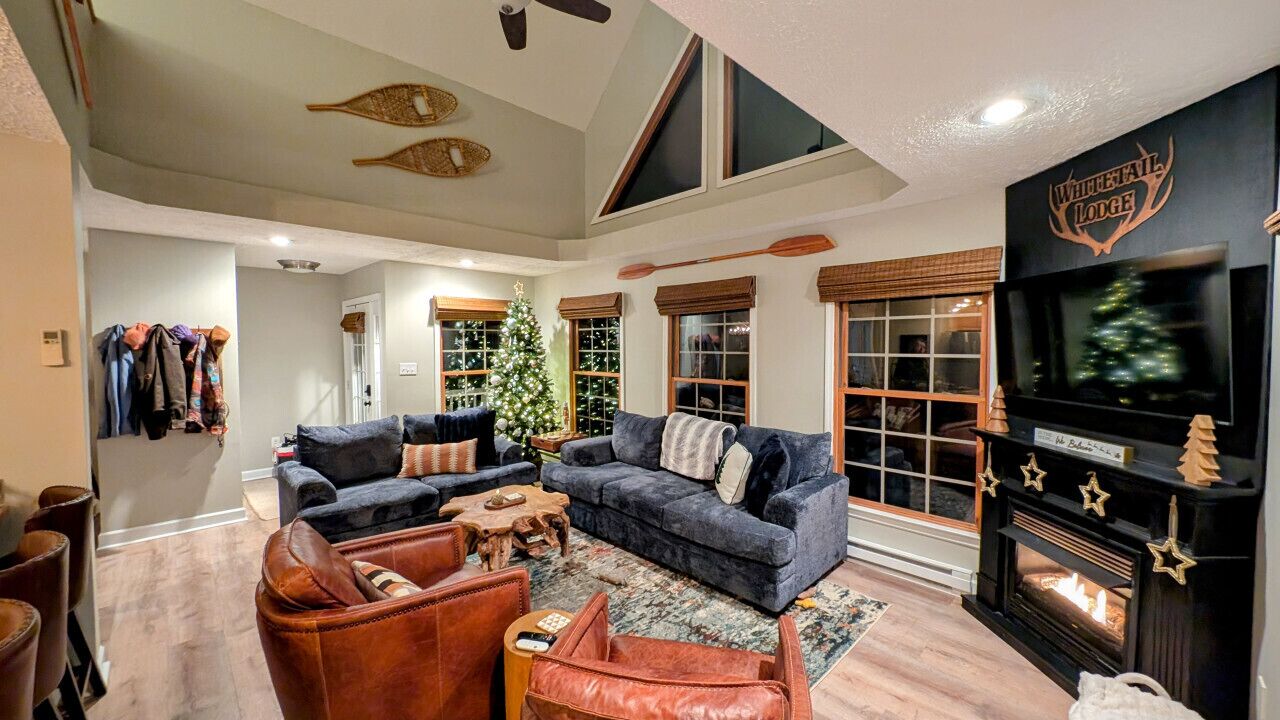 Smart TV, fireplace, table football, books